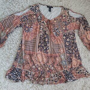 Style & Co Boho Tunic Top Women’s Large Paisley Patchwork Tie Neck 3/4 Sleeve